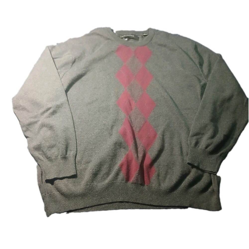 Perry Ellis Portfolio Sweater Men XL Gray Burgundy Argyle Cotton Crew Pullover